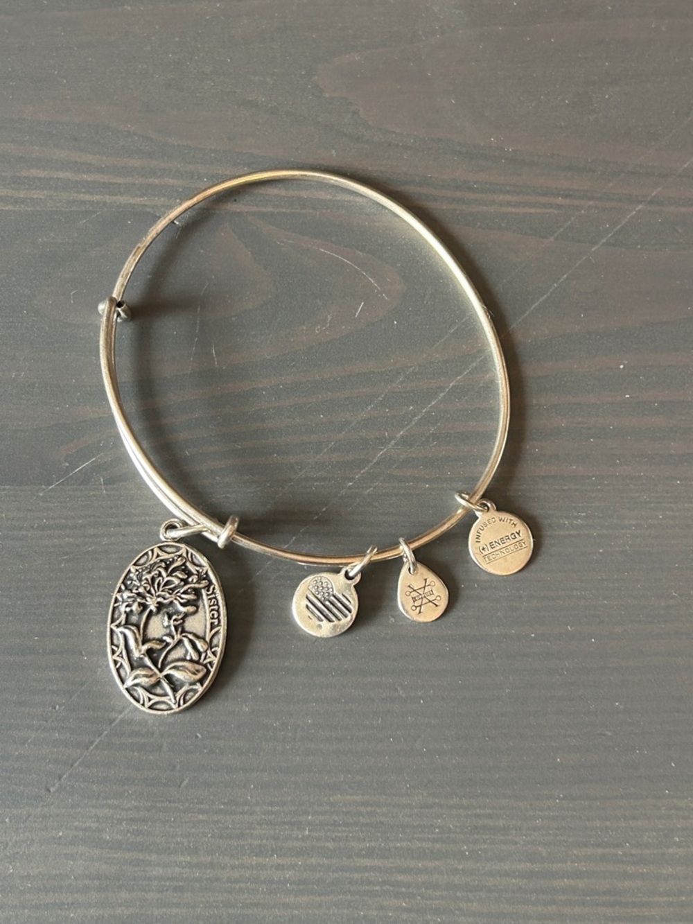 Alex and Ani Sister Silver Tone Bangle Adjustable Charm Bracelet